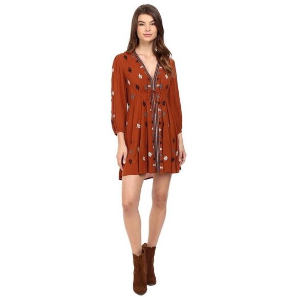 Free People‎ Star Gazer Embroidered Boho Peasant 3/4 Sleeve Mini Dress Size XS - Picture 1 of 13